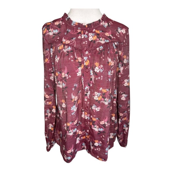 Lauren Conrad Floral Paisley Button Down‎ Ruffle Neck Blouse Top XS - Picture 1 of 7